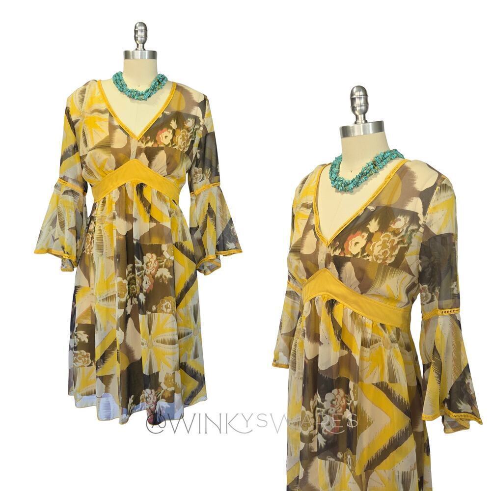 Vintage 90s does 70s biyaycda Dress Size 10 Yellow Boho Bell Sleeve Chiffon - Picture 1 of 9